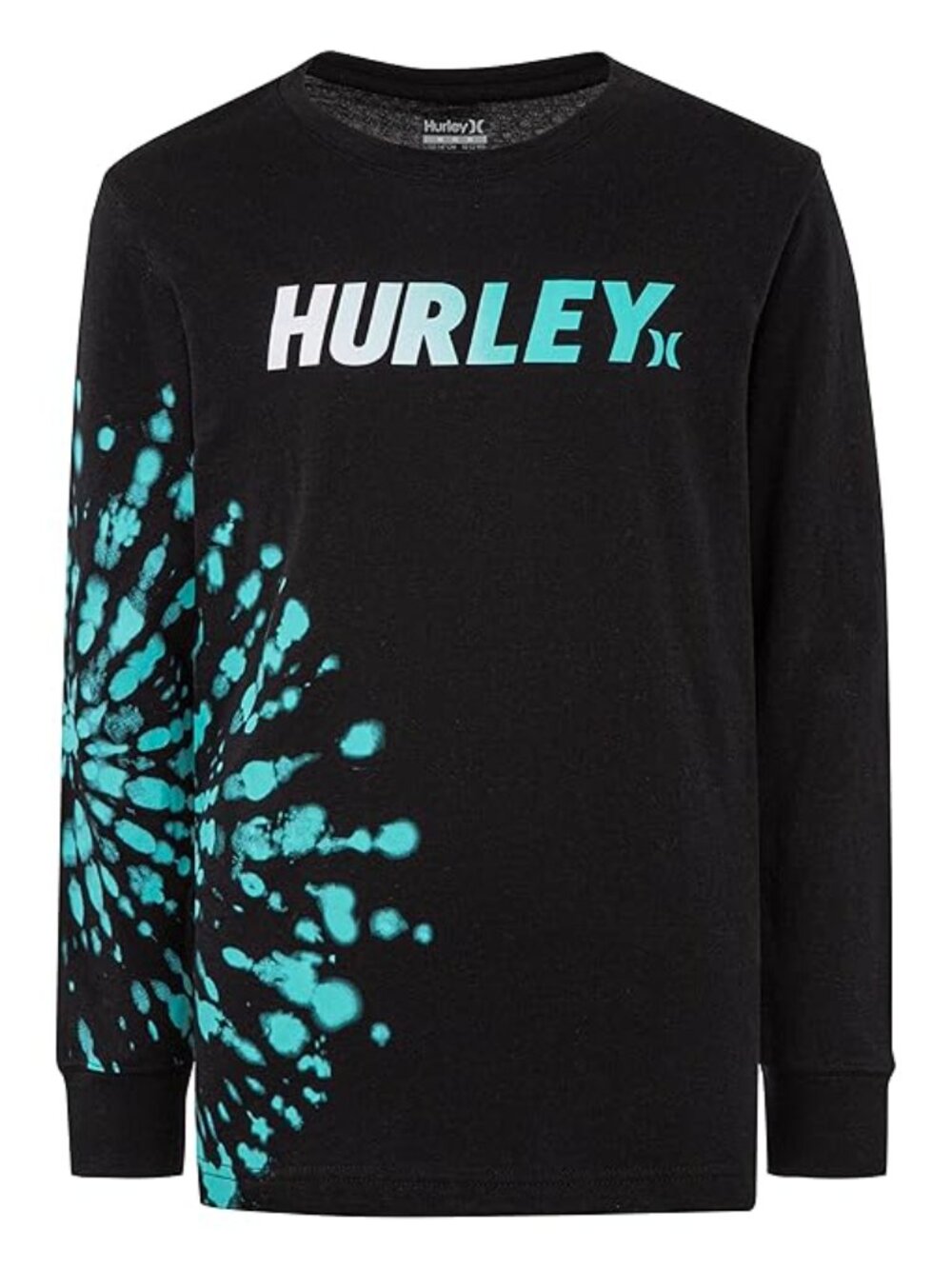 Hurley brand black long-sleeve T-shirt featuring a turquoise tie-dye design
